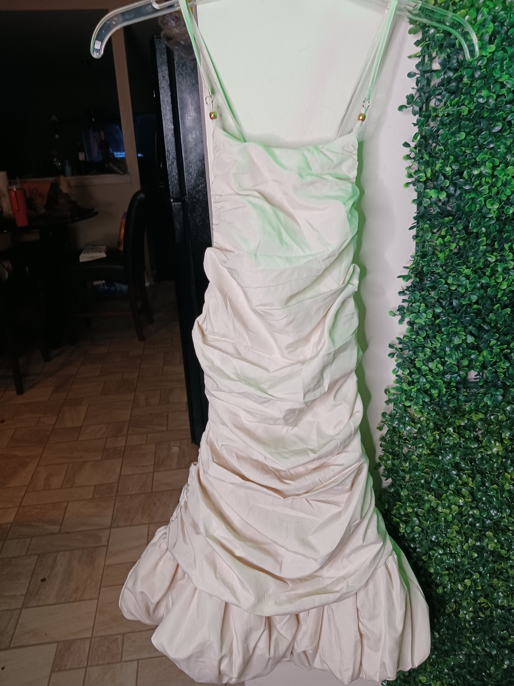 Ivory Ruched Spaghetti Strap Dress